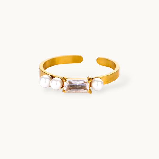Baguette & Double Pearl Solitaire Gold-Plated  Band