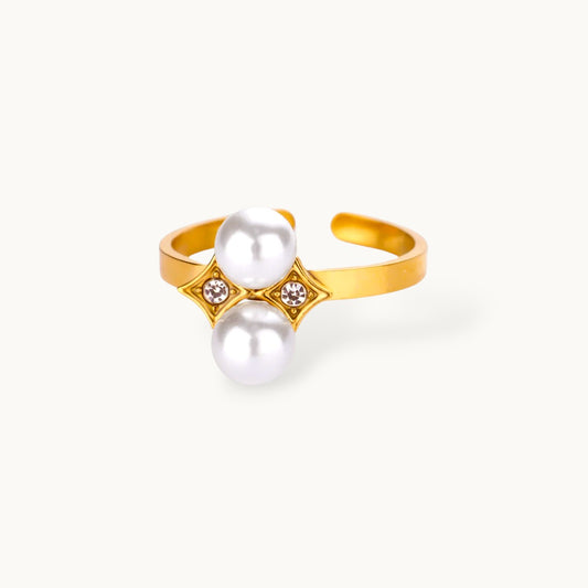 Classic Dual Pearl Adjustable Ring with Pave Accents