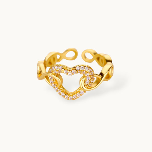 Pave Heart Cutout Link Adjustable Gold Diamond Ring