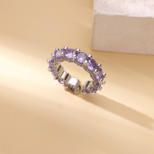Luxe Amethyst Violet Round Stone Eternity Stackable Silver Band