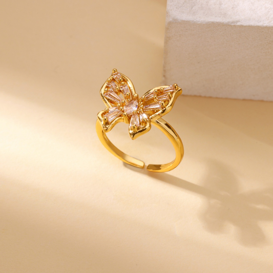 Baguette Pave Butterfly Adjustable Gold Plated Diamond Ring