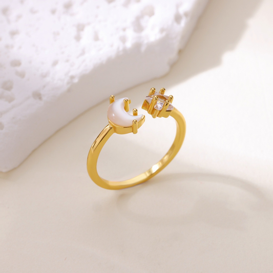 Celestial Mother-of-Pearl Moon & Star Adjustable Ring