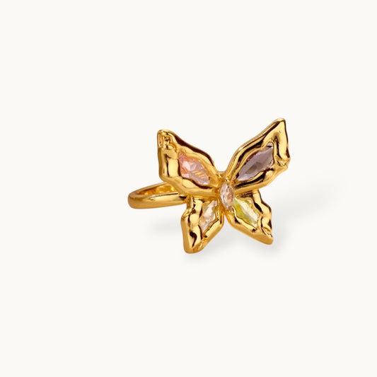 Vibrant Multi-Gem Stone Butterfly Statement Ring