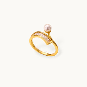Swirl Baguette & Solitaire Stackable Diamond Pearl Ring
