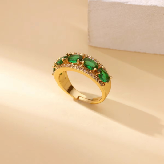 Opulent Emerald Oval Halo Stackable Gold Band Ring