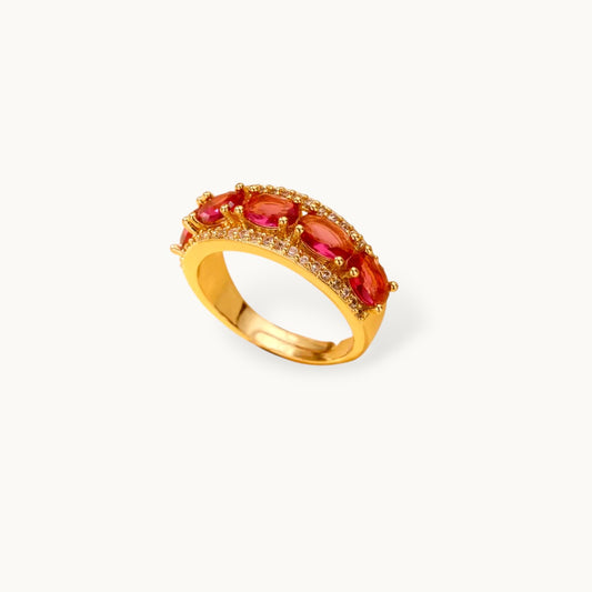 Opulent Oval Halo Stackable Gold Band Ruby Ring