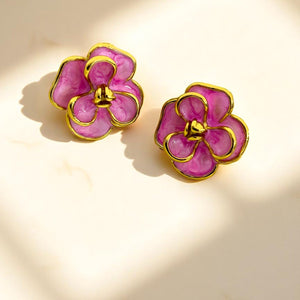 Pink Enamel Clover Flower Stud Earrings For Women