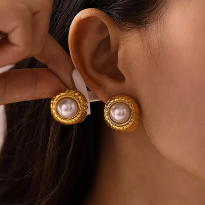 Anti Tarnish Gold plated Textured Pearl Enamel Earrings