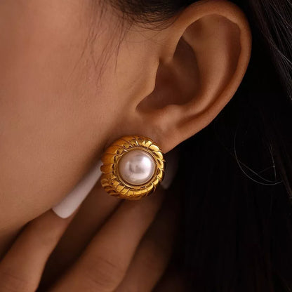 Anti Tarnish Gold plated Textured Pearl Enamel Earrings