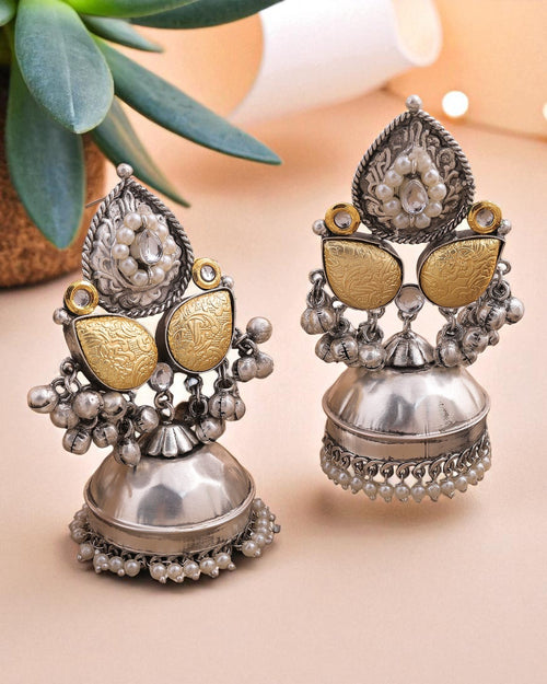 Tarika Embellished Oxidised Jhumka Statement Earrings