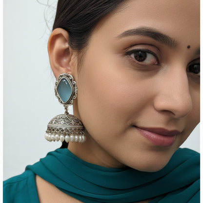 Prerna Embellished Oxidised Jhumka Statement Earrings