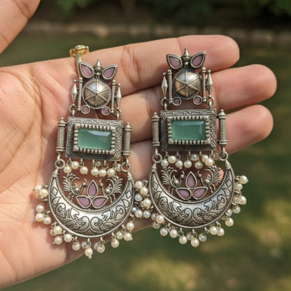 Sagarika Embellished Oxidised Silver Coated Jhumka
