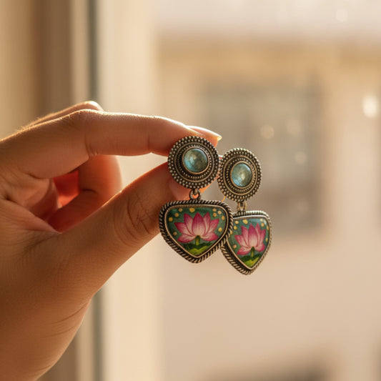 Visvadipti Handpainted Embellished Oxidised Jhumka Statement Earrings