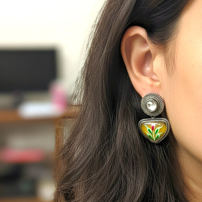 Visvadipti Handpainted Embellished Oxidised Jhumka Statement Earrings